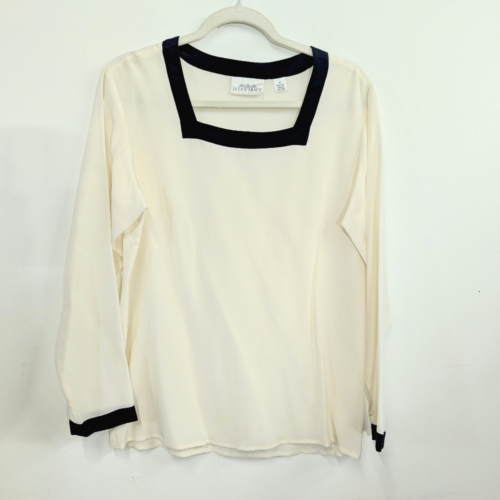 Vintage Silk Cream Blouse With Contrast Black Trim Square Neck Classic Office 8